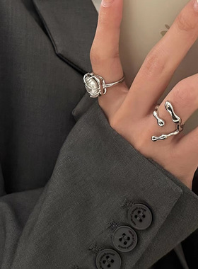 奶斯小众设计感不规则金属冷淡风戒指女个性百搭食指珍珠气质指环