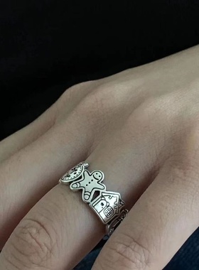 涂鸦姜饼人戒指女开口指环可调节食指戒胖手新款小众设计不掉色