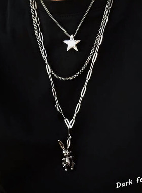 网红同款原宿复古嘻哈ins冷淡风多层项链女兔子吊坠土酷蹦迪配饰