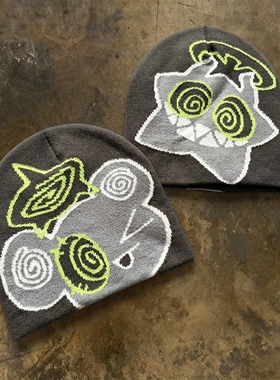Y2K美式小众涂鸦卡通小熊针织冷帽千禧风撞色提花男女秋冬毛线帽