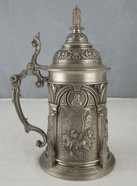 西洋收藏品 德国手工制作丢勒名画立体图案锡制啤酒杯 装饰摆件