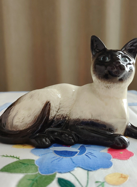 西洋收藏品 英国手工制作陶瓷暹罗猫 欧式复古可爱瓷偶装饰摆件