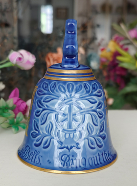 西洋收藏品 丹麦手工制作1978年蓝色铃铛 欧式复古陶瓷装饰摆件