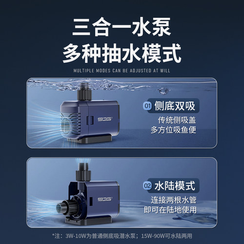 SQG鱼缸潜水泵小型抽水泵循环过滤水泵超静音底侧双吸水陆两用泵 - 图0