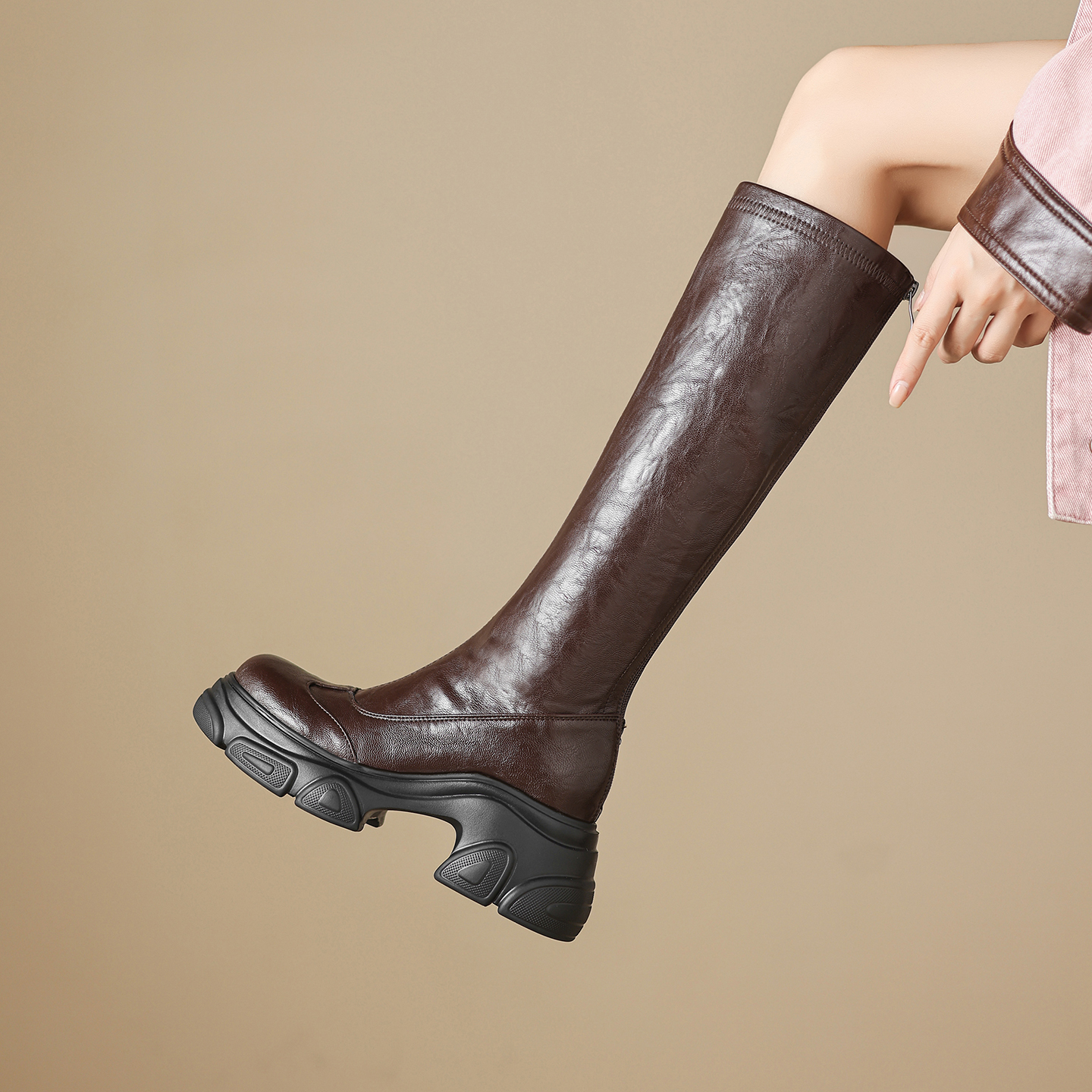 ladyblack厚底松糕粗高跟弹力瘦瘦长靴女冬后拉链大码骑士靴41-43 - 图0