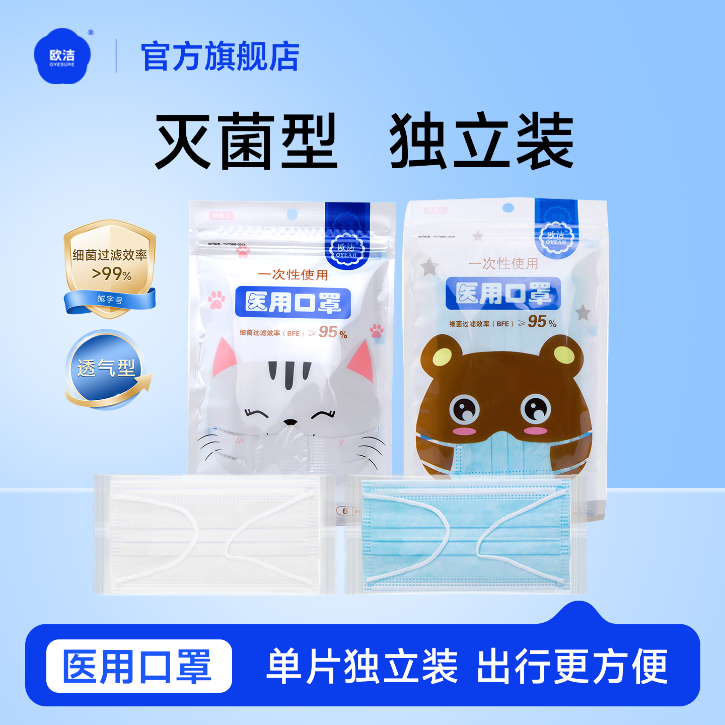 欧洁儿童口罩医用女童男童小孩专用一次性医疗口罩独立包装灭菌