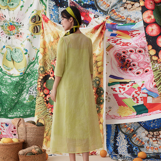 一城画一夏季文艺范高腰气质拼接网纱袖长款连衣裙两件套