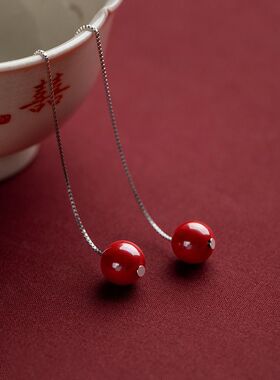 朱砂耳钉s925银防过敏本命年简约