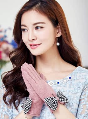 布塔羊毛手套女秋冬韩版显瘦时尚蝴蝶结保暖加绒加厚手套冬季9847