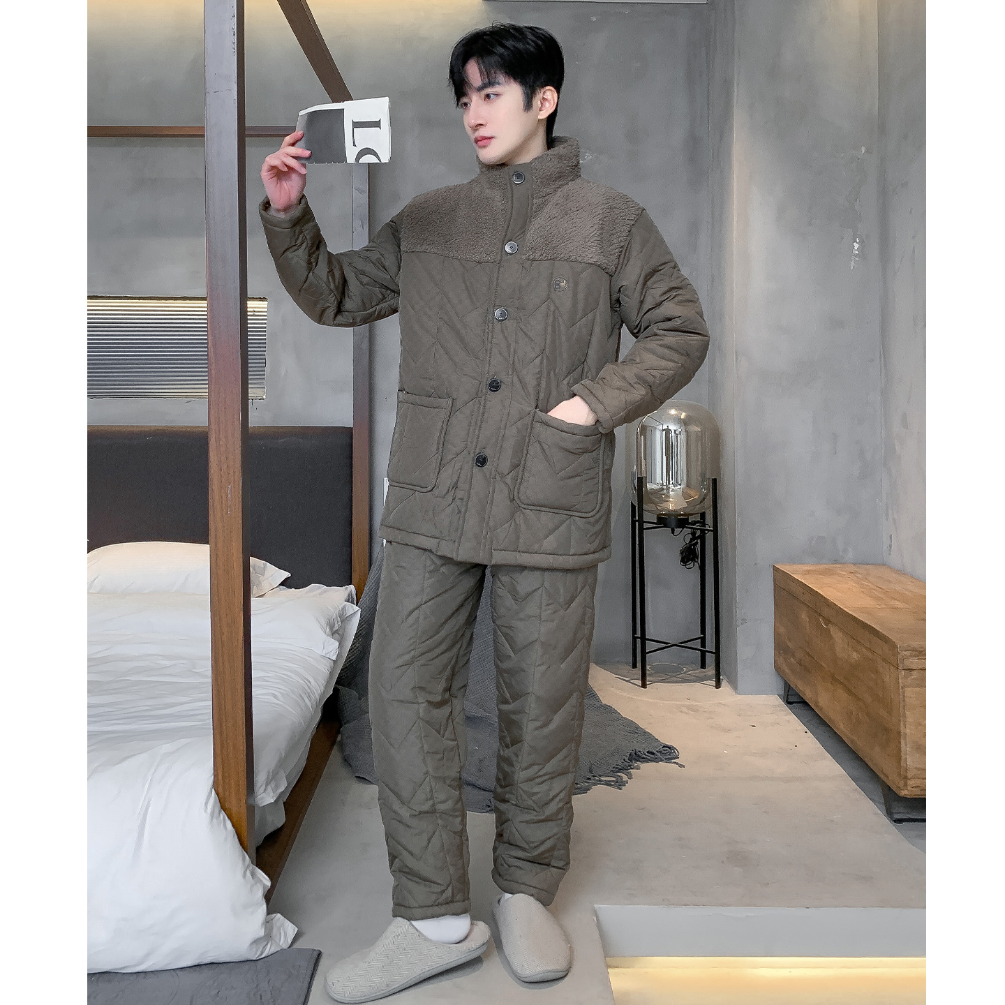 猫人睡衣男士冬季羽绒三层加厚夹棉加绒可外穿家居服大码保暖套装 - 图2