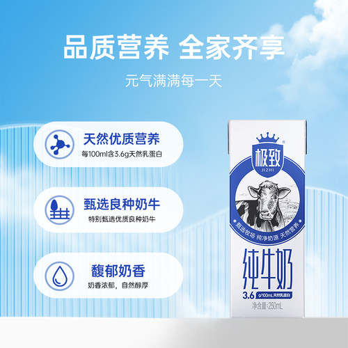 三元极 致全脂纯牛奶250ml*16盒*2提营养早餐奶 - 图0