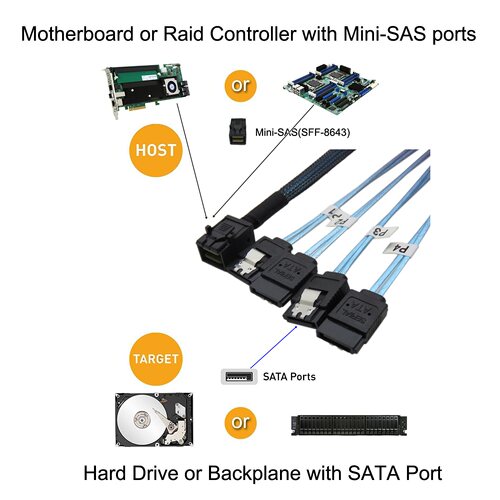 服务器HD MINI SAS SFF 8643转4 SATA 7P 90度阵列卡硬盘数据线 - 图2