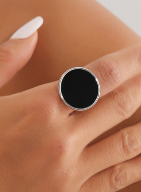 欧美冷酷风金属黑贝母戒指