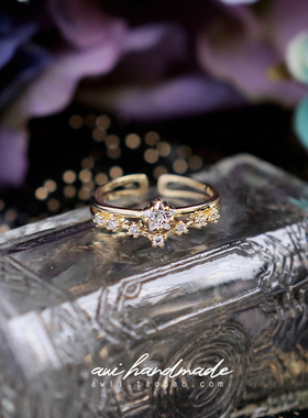 手作风双层排钻锆石银镀金戒指环