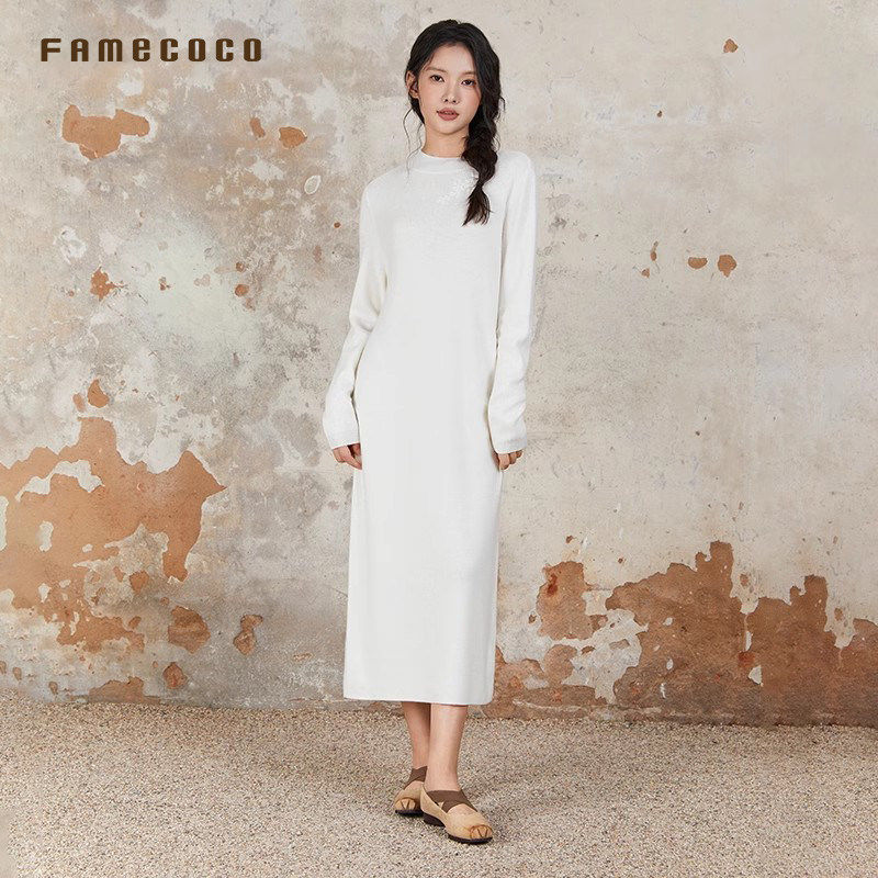 Famecoco范可儿温柔圆领针织长裙极简风修身羊毛连衣裙FAB6FA032 - 图0