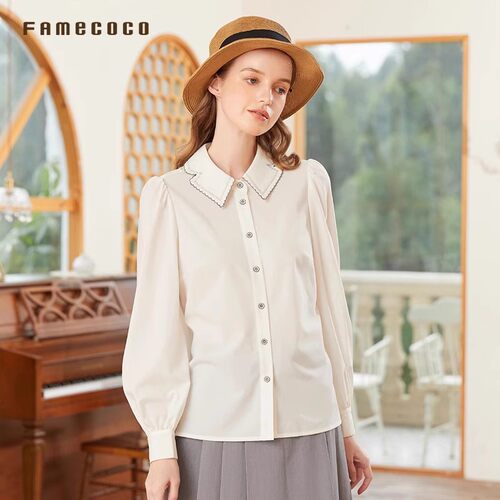 Famecoco范可儿文艺气质刺绣花边领衬衫宽松灯笼袖衬衣FAB1BA013 - 图2