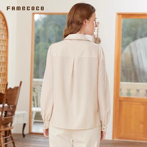 Famecoco范可儿文艺气质刺绣花边领衬衫宽松灯笼袖衬衣FAB1BA013 - 图1