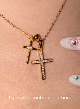 ZZZITA 925银～美式辣妹闪钻双十字架项链简约百搭设计感锁骨链