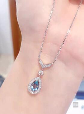 CH.约瑟芬水滴项链女海蓝宝纯银925锁骨链蓝宝石圣玛利亚钻石白金