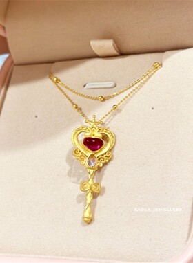 18K金甜心权杖红色爱心钥匙项链 女纯银钻石星星毛衣链本命年礼物