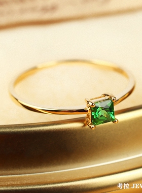 【小绿方】18K金祖母绿方钻戒指 女黄金沙弗莱公主方指环纯银时尚