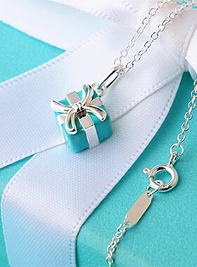 礼物盒项链 女轻奢白金纯银925蝴蝶结锁骨链蓝色吊坠简约时尚礼物