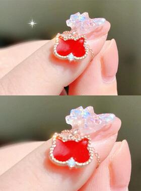 联名款ВМ18K金安德森猫项链 女纯银红玉髓猫咪吊坠圣诞礼物新年