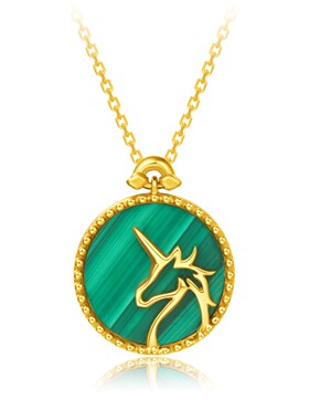 18K金绿色孔雀石独角兽项链 女极光系纯银圆牌锁骨链个性圣诞礼物