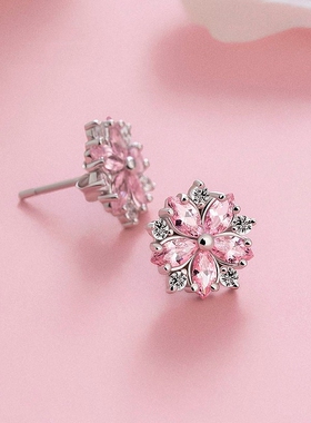 粉水晶项链 少女心925纯银桃花锁骨链钻石耳钉耳环日韩小清新