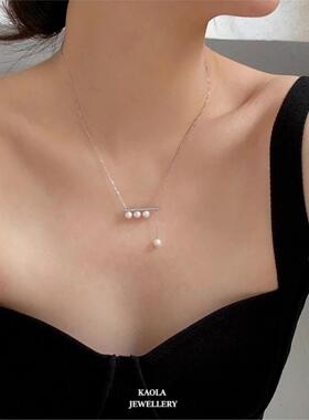 音符微笑珍珠流苏项链女轻奢设计感纯银一字排钻锁骨链时尚礼物潮