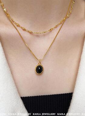 18K金黑玛瑙麻花纹项链 女复古纯银黑色椭圆毛衣链甜酷高级感礼物