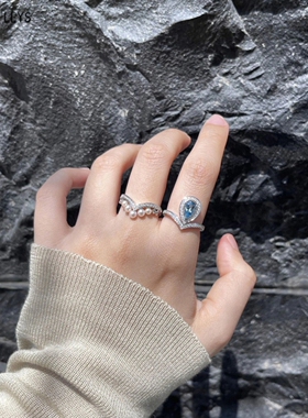 CHANT约瑟芬水滴海蓝宝戒指女纯银925蓝宝石指环心形钻石铂金钻戒