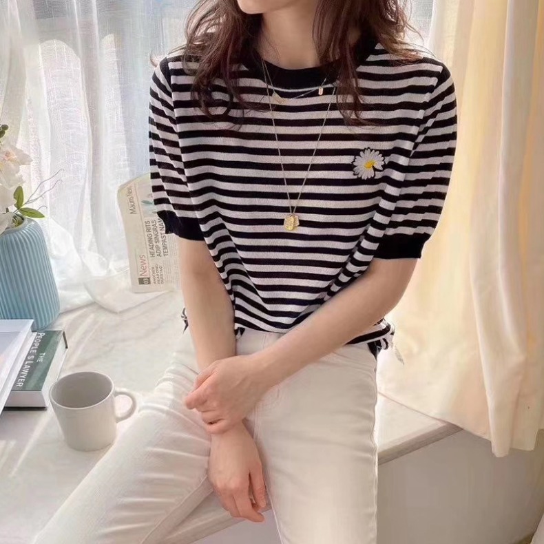 酷格丰女装旗舰店新款圆领外搭针织开衫女夏季薄款撞色短袖天丝针织上衣女外套1