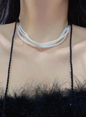 时尚黑色麻花编织绳流苏多层珍珠项链轻奢时髦洋气小众锁骨链爆款