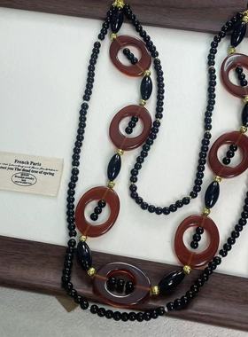 甜酷轻奢树脂椭圆黑色多层串珠项链耳环欧美时尚高级感抽拉饰品女