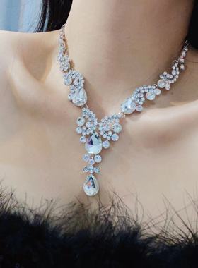 复古超闪水钻水滴流苏项链耳环套装欧美时尚优雅冷淡风小众配饰品