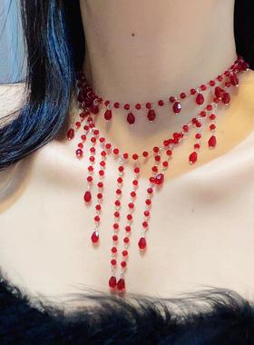轻奢超闪红色水晶串珠流苏双层项链精致冷淡风时尚优雅锁骨链新款