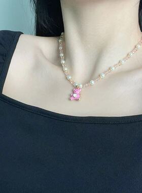 甜美爱心小熊小狗吊坠串珠皮绳项链卡通萌趣小清新少女感锁骨链女
