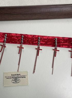 性感十字架流苏水晶串珠布艺项链法式轻奢欧美时尚高级锁骨链新款