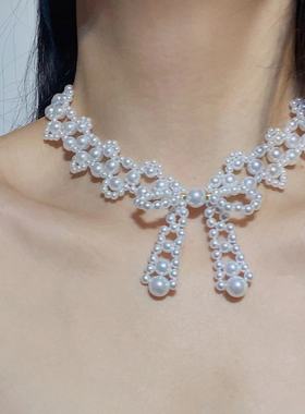 甜美小香风手工珍珠串珠蝴蝶结项链时尚名媛气质高级小众锁骨链女