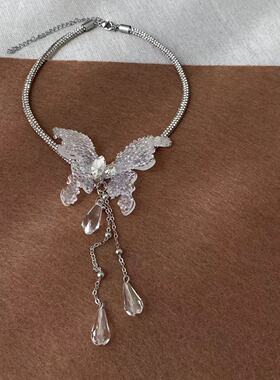 优雅气质淑镶钻蝴蝶水滴流苏项链耳环轻奢时尚潮流高级小众饰品潮