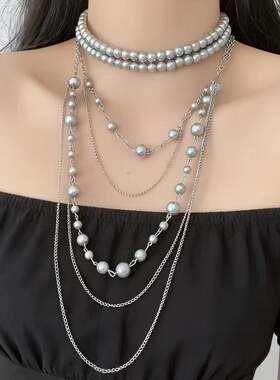 个性重工灰白珍珠多层链条锁骨链法式复古时尚ins风小众项链新款