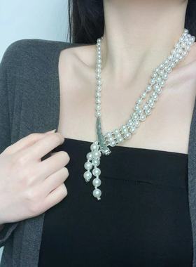欧美时尚多层不对称珍珠流苏项链法式复古轻奢大气名媛风锁骨链女