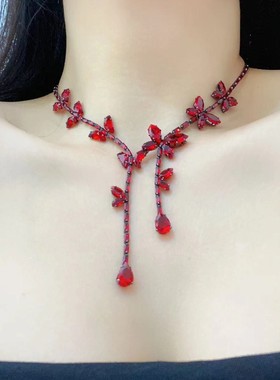 甜美气质彩色满钻花朵流苏项链耳环轻奢高级时尚优雅淑女锁骨链女