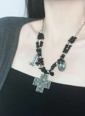 甜酷靴子帽子十字架串珠拼接项链法式欧美朋克风个性夸张锁骨链女