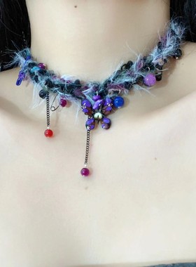 甜酷辣妹毛绒蝴蝶流苏锁骨链轻奢小众设计感紫色甜酷重工辣妹项链