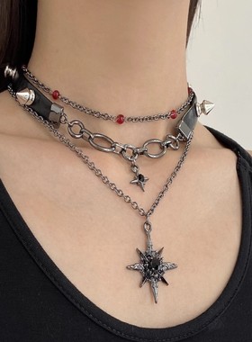 黑色镶钻芒星皮革双层项链女甜酷时髦choker颈链叠戴小众暗黑哥特