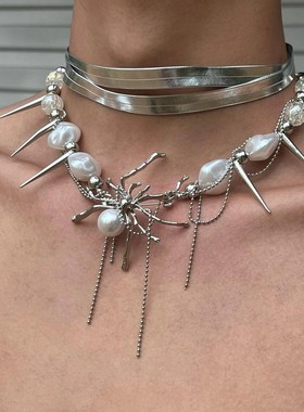 异形蜘蛛朋克多层项链y2k亚文化女夸张铆钉辣妹流苏项圈锁骨链