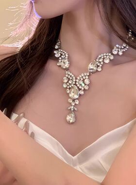 全场焦点~超闪银色水滴锆石项链高级感气质晚宴新娘礼服配饰颈链