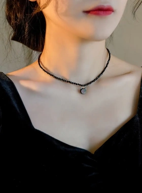 超萌猫咪黑石颈链choker锁骨链轻奢气质感复古温柔小众闺蜜女